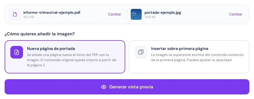 Imagen a portada con el PDF informe-trimestral-ejemplo.pdf y la imagen portada-ejemplo.jpg cargados, el modo Nueva página de portada seleccionado y el botón Generar vista previa