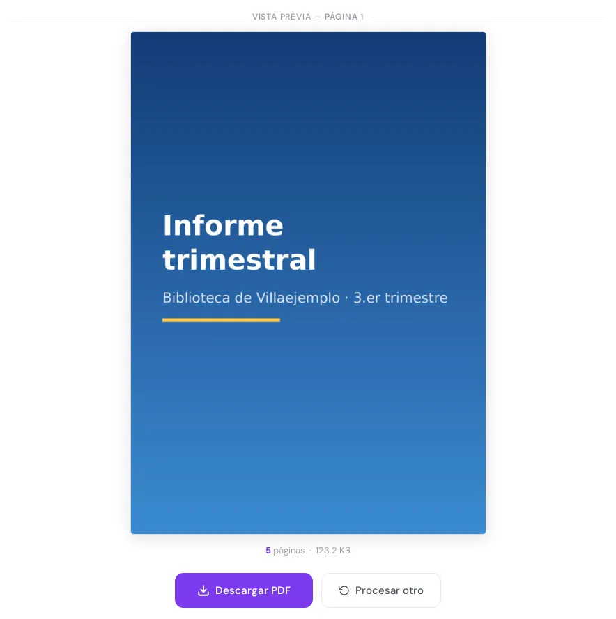 Vista previa de la página 1 con la portada azul «Informe trimestral, Biblioteca de Villaejemplo, 3.er trimestre», el recuento de 5 páginas y 123,2 KB y el botón Descargar PDF