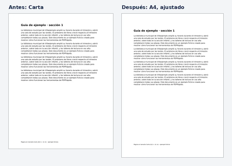 Comparación a la misma escala de la primera página: a la izquierda en tamaño Carta, a la derecha en A4 con el mismo contenido ligeramente reducido y centrado, con más blanco arriba y abajo