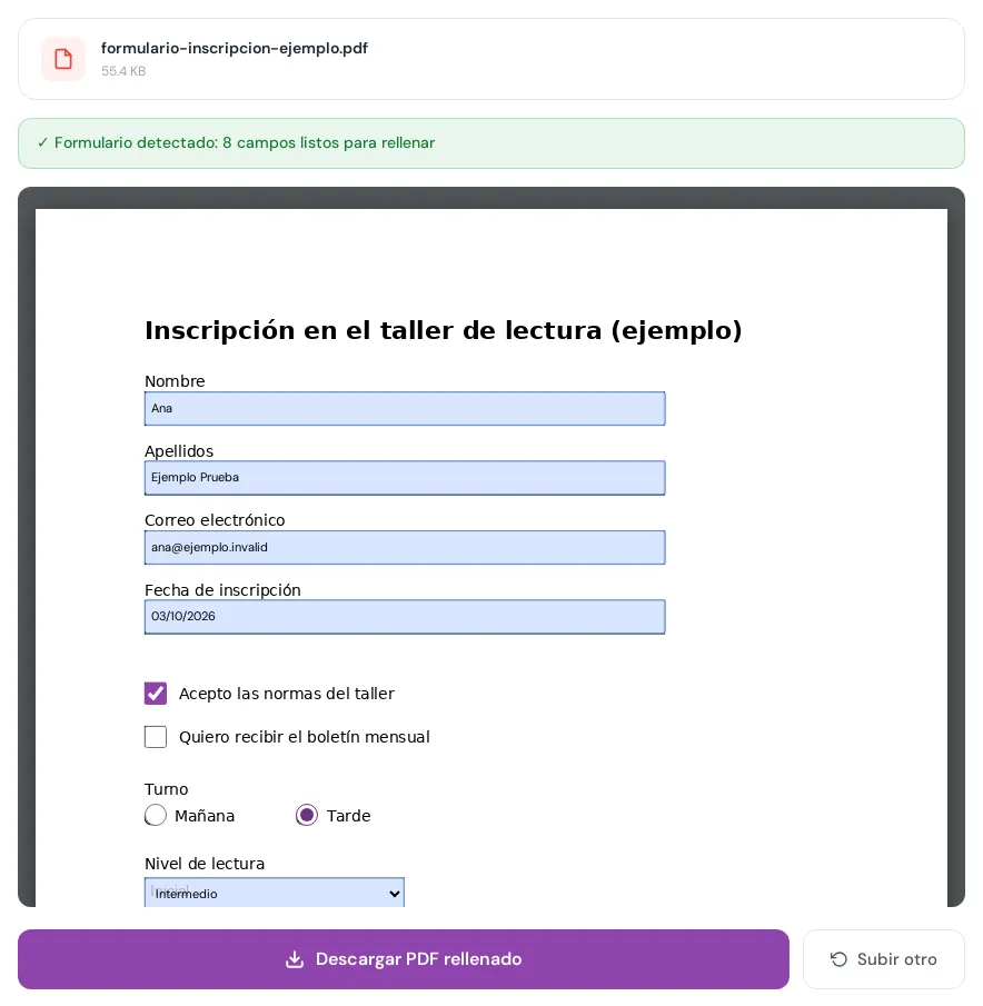 Editor de Rellenar formulario con el aviso «Formulario detectado: 8 campos listos para rellenar», los cuatro textos completados, la casilla de normas marcada, el turno Tarde elegido y el nivel Intermedio en el desplegable
