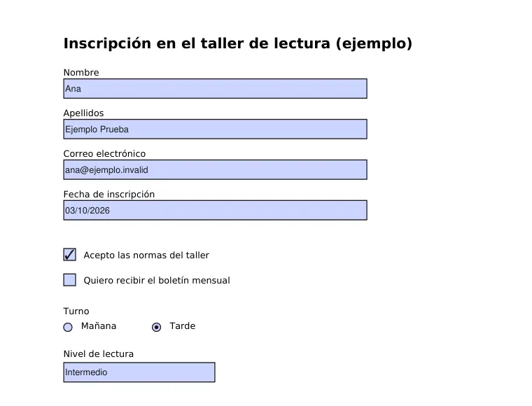 PDF descargado con los datos ya impresos en la página: nombre Ana, apellidos, correo, fecha 03/10/2026, casilla marcada, turno Tarde y nivel Intermedio