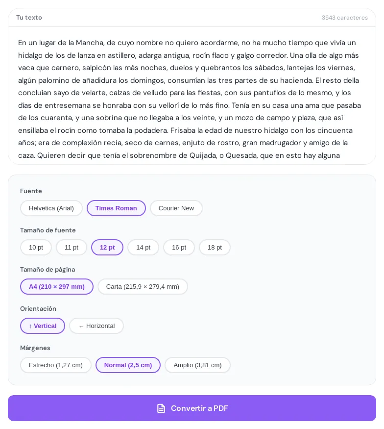 Editor de Texto a PDF con el comienzo del Quijote pegado (3543 caracteres) y seleccionados Times Roman, 12 pt, A4, vertical y márgenes normales de 2,5 cm