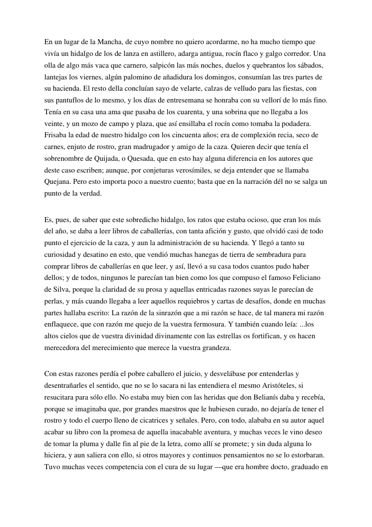Primera página del PDF generado: el texto del Quijote en Times Roman de 12 puntos con márgenes de 2,5 cm en una hoja A4